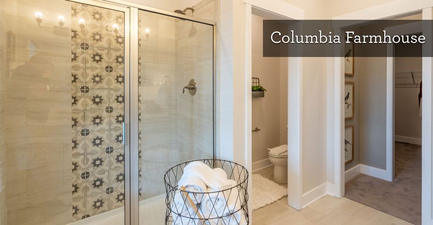 Daltile Linden Point geometric tile feature in the master shower of the Columbia Farmhouse Model by Wayne Homes