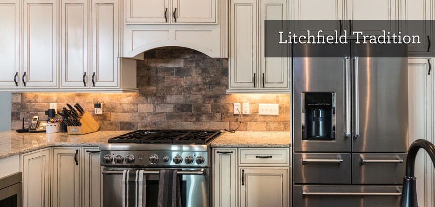 Rustic, weathered looking tile backsplash in a Litchfield home by Wayne Homes