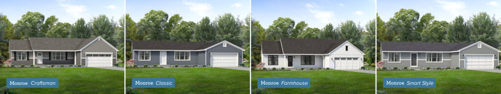 Wayne Homes Monroe Floor Plan Exteriors: Classic, Smart Style, Craftsman, and Farmhouse